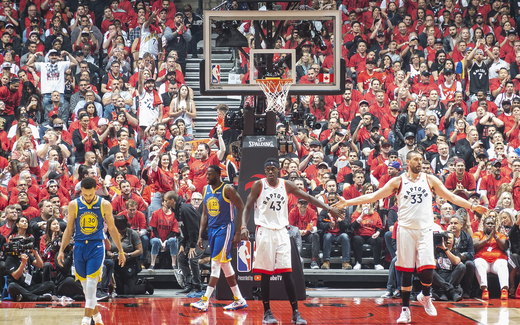 An NBA game seen from the upper stands
