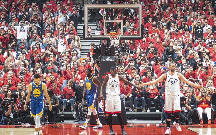 An NBA game seen from the upper stands