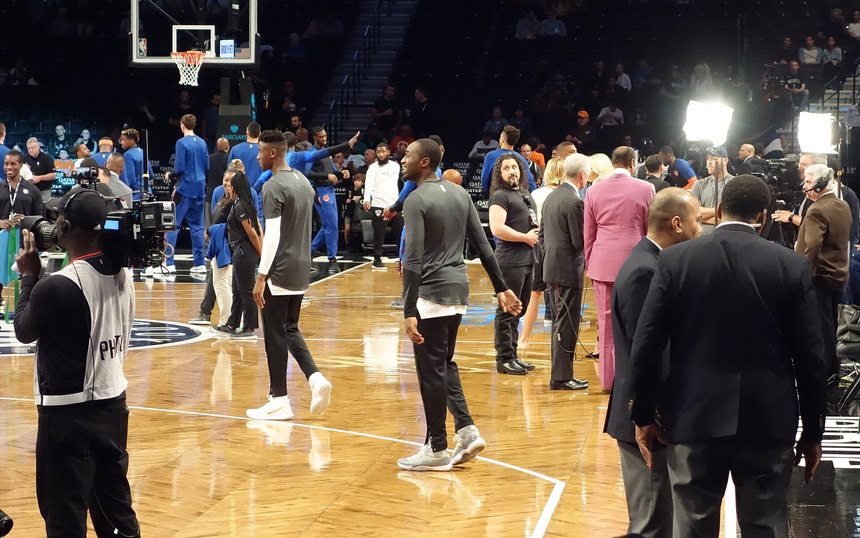 Barclays Center before tip-off, players on the floor